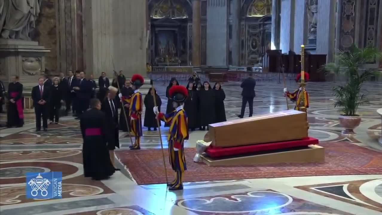 President Donald Trump and First Lady Melania arrive at St. Peter’s Basilica to pay their respects to Pope Francis.