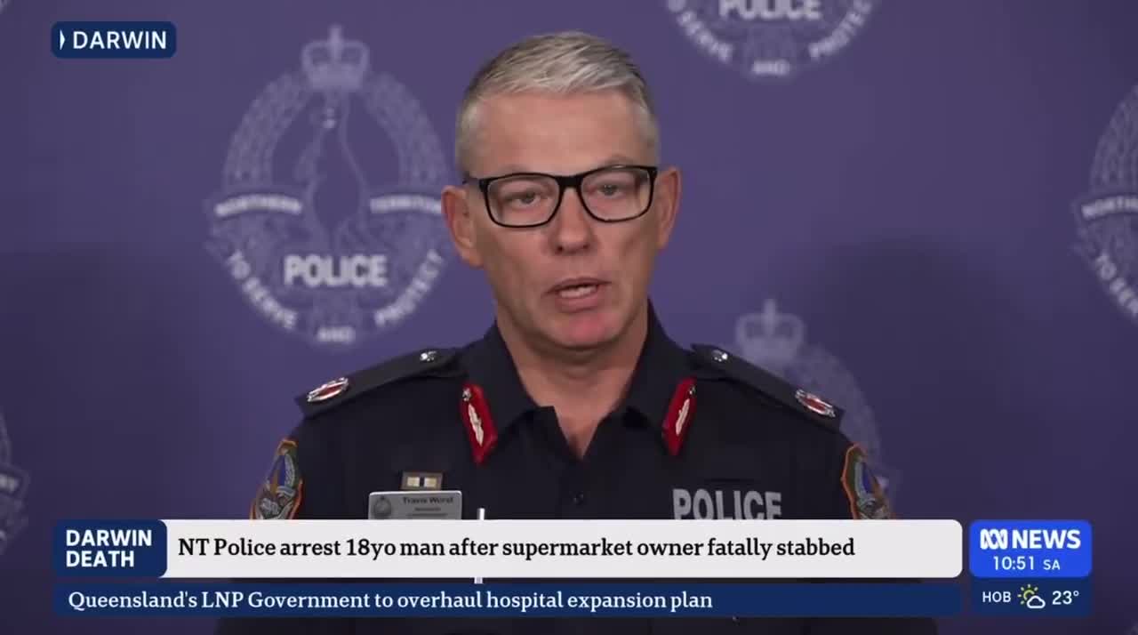 A teenager who was out on bail has handed himself into police overnight after the owner of a Darwin store was stabbed to death  Commissioner Travis Wurst said the teenager was granted bail o...