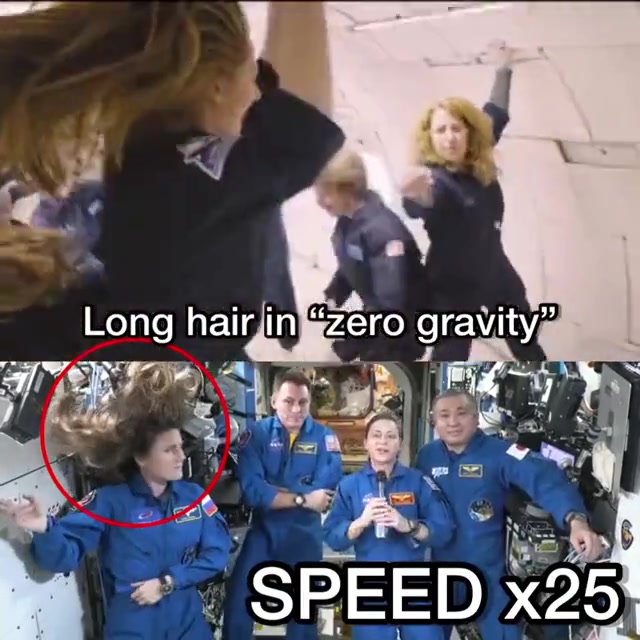 WHY DO ASTRONAUTS' HAIR IN THE SPACE STATION LOOK RIGID INSTEAD OF FLOATING AROUND AS IT DOES IN ZERO-G