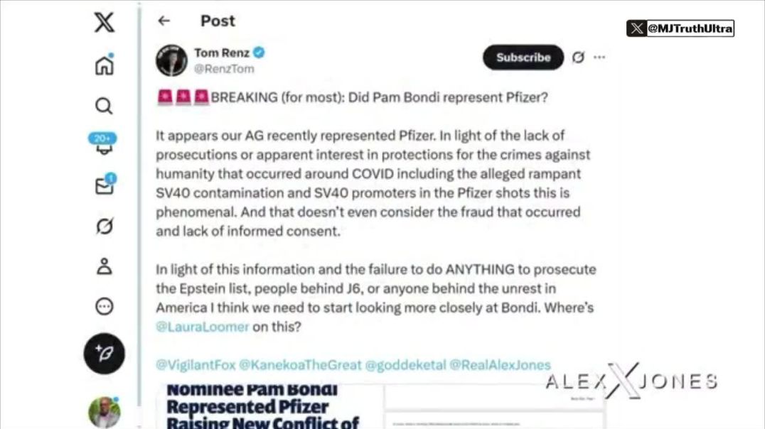 Attorney Tom Renz has raised concerns about Pam Bondi’s ties to Pfizer and the lack of progress in high-profile arrests.