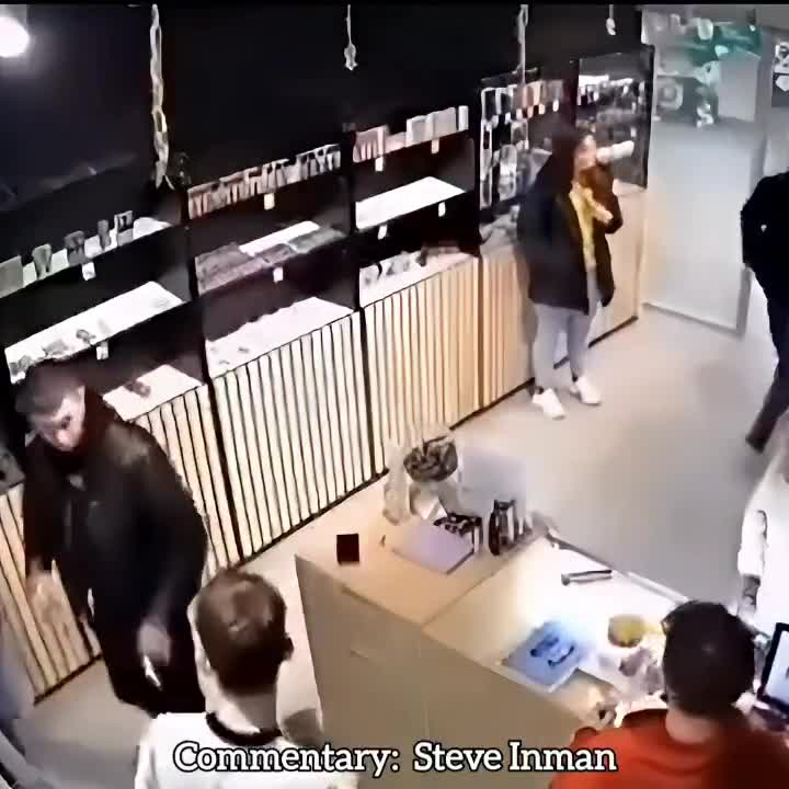 Violent customer gets dragged by the collar.