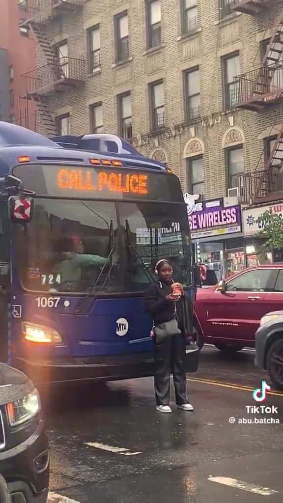 Apparently she stood in front of the bus and blocked traffic because the driver closed the doors and wouldn’t let her on.