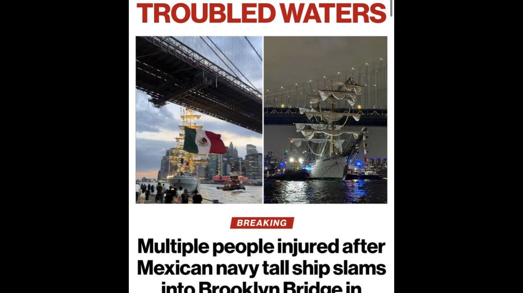 Insane close-up footage as masts crash into Brooklyn Bridge  Massive ship charges straight at bank scattering tourists in frenzied panic
