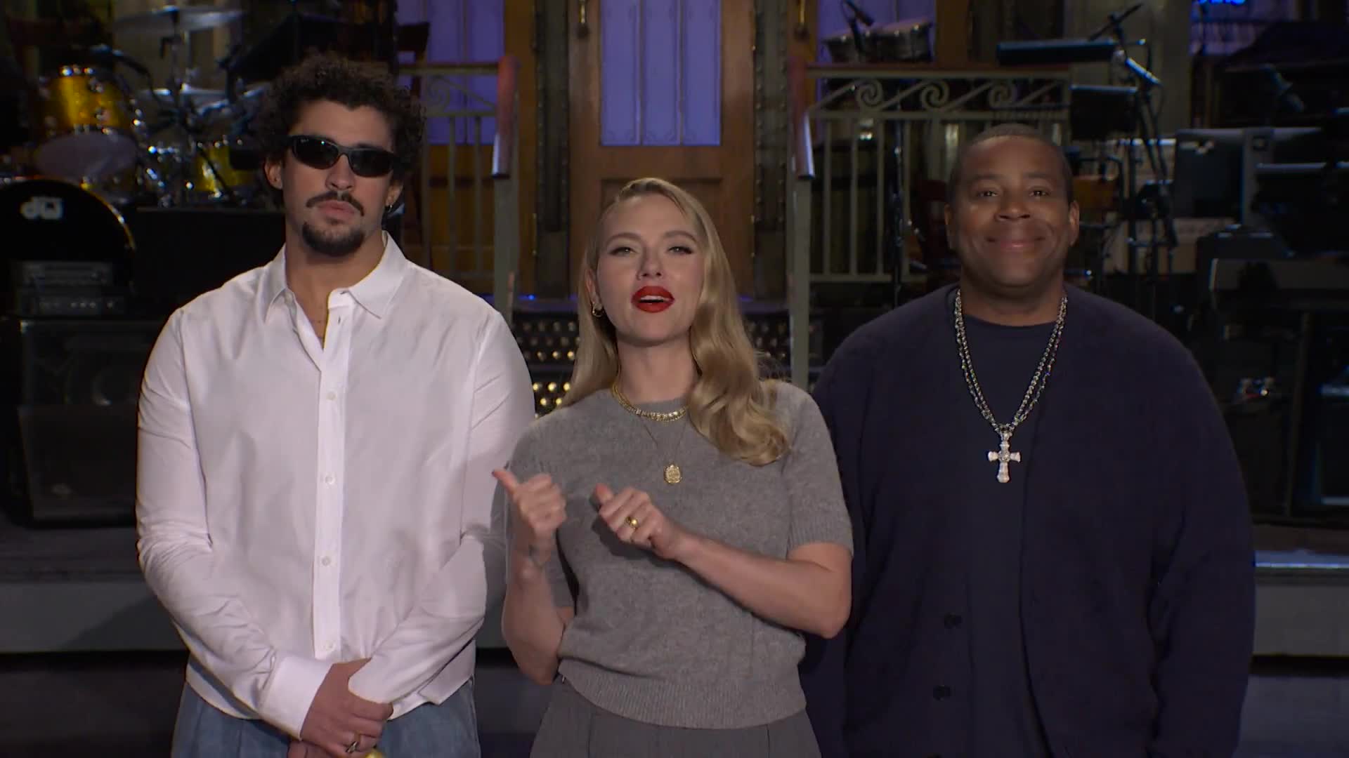 Bad Bunny, Scarlett Johansson, and Kenan Thompson in promo for the @nbcsnl Season 50 finale