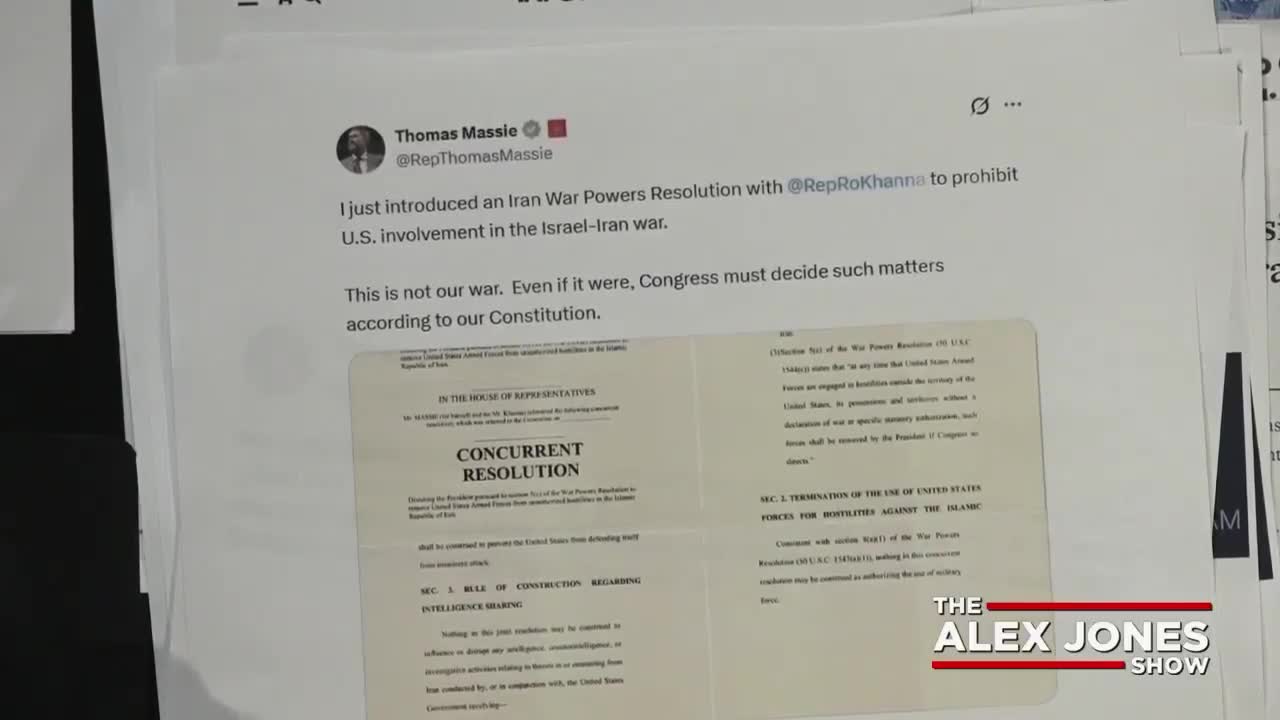 BREAKING: Congressman Thomas Massie Introduces 'Iran War Powers Resolution' Legislation To Force Trump To Go To Congress To Get Authorization For Declaring War On Iran / Prohibit US Involvem...