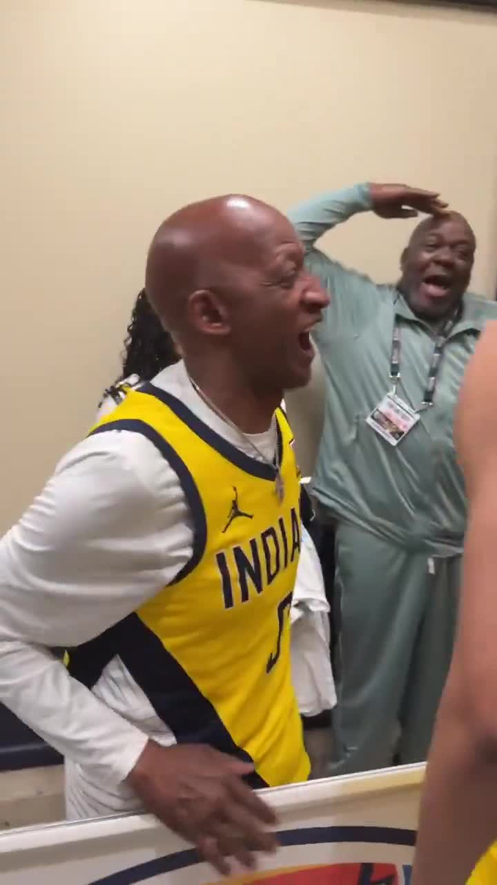 Tyrese Haliburton celebrating with his dad after winning his first NBA Finals game 😂