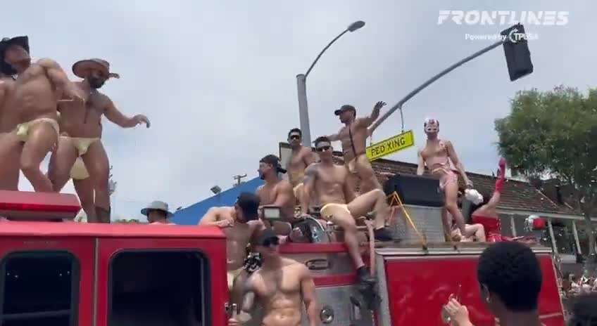 Men wearing underwear and f*tish gear dance provocatively in front of children at a “family friendly” pride parade in California.  Video @FrontlinesTPUSA