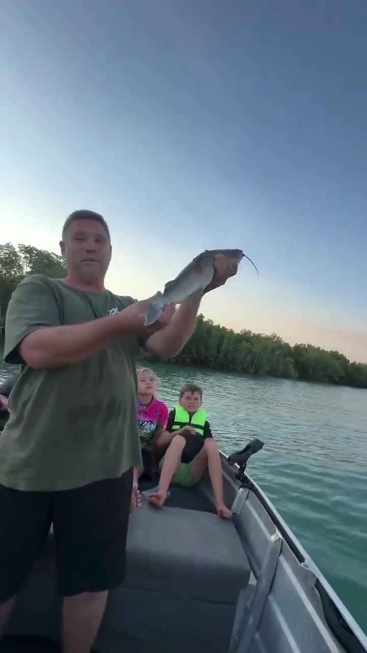 An eagle snatches a catfish tossed into the air.