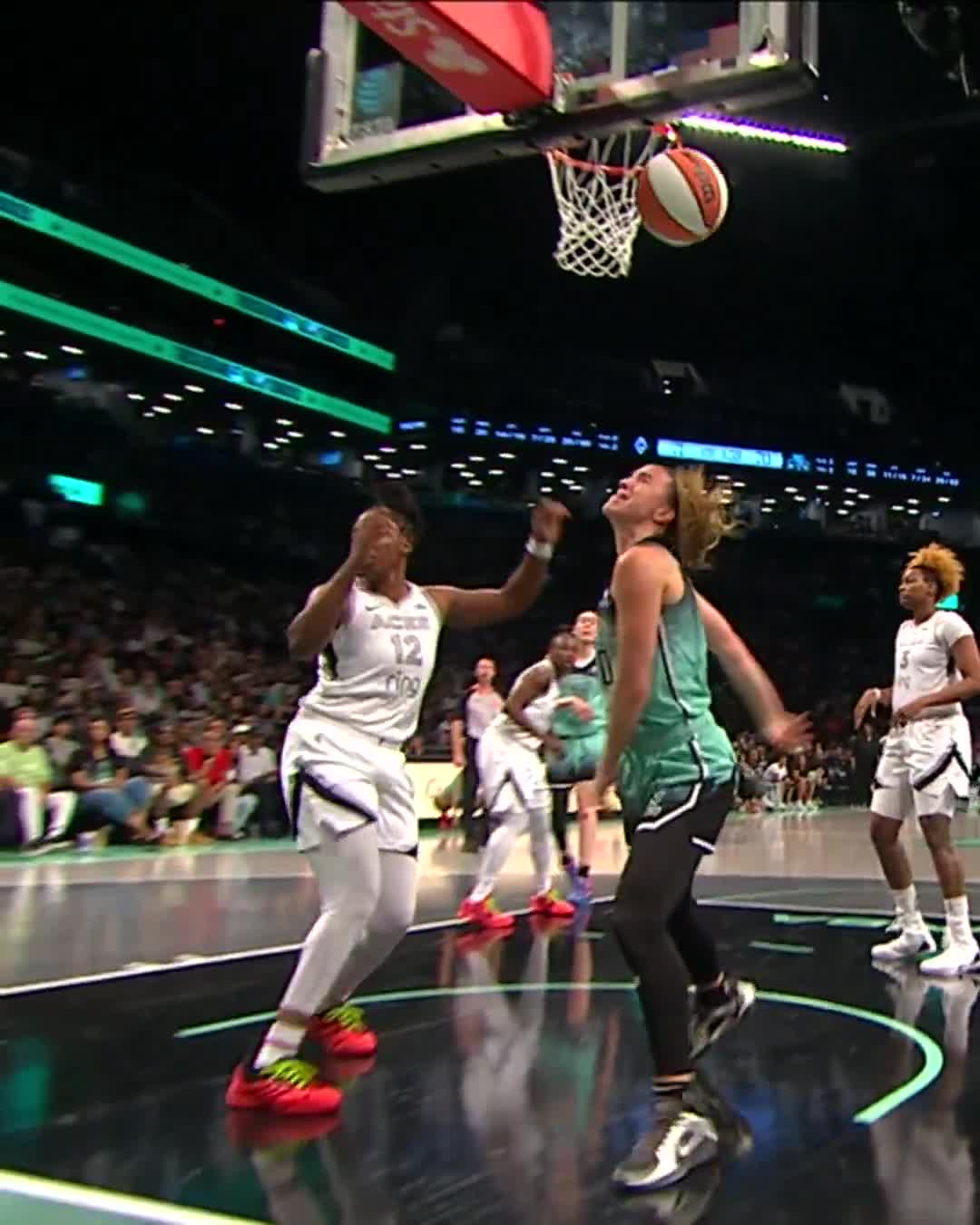 Sabrina Ionescu was assessed a technical foul after this play.  Chelsea Gray was called for a defensive foul.