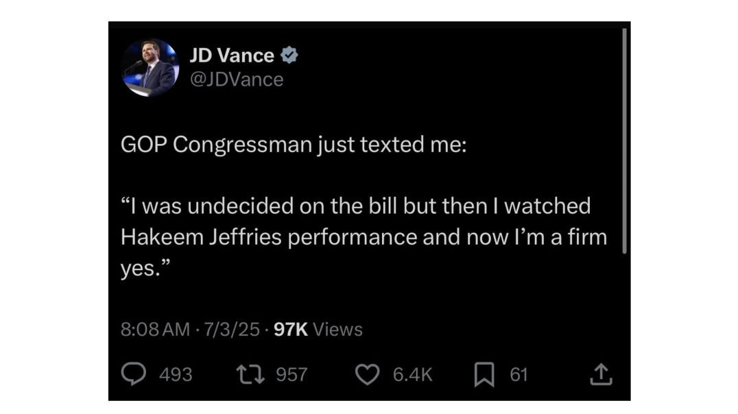 It’s official… The House advanced One Big Beautiful Bill with a 219-213 vote around 3AM.  Guess who’s been debating/stalling the last few hours? lol
