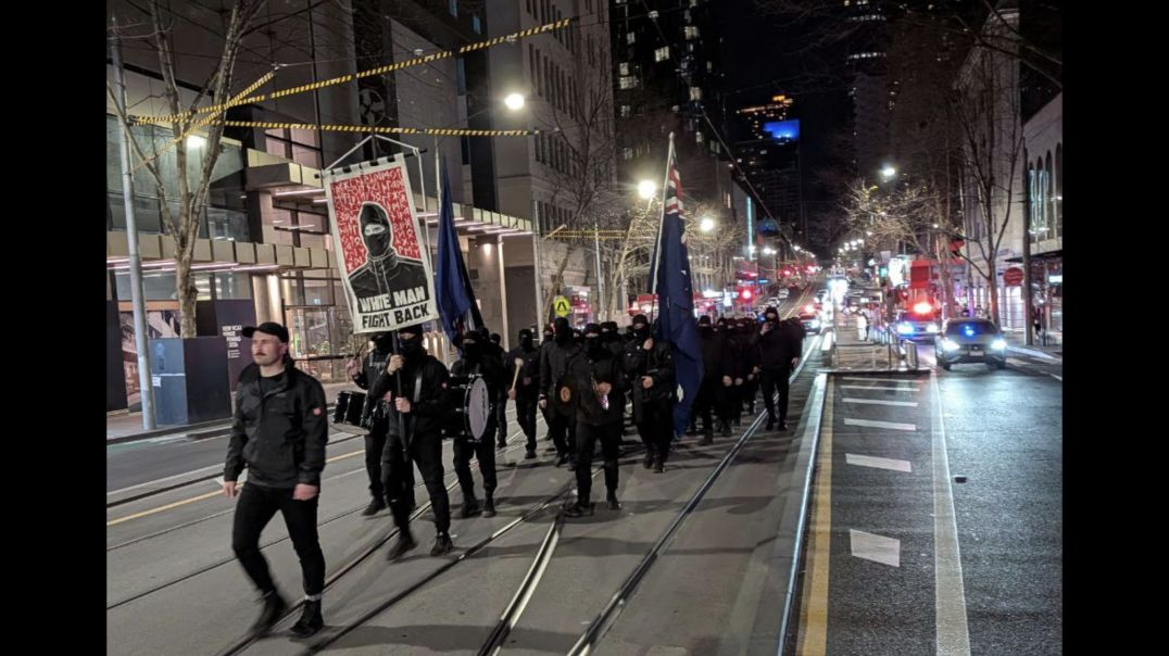 About 150 members of right-wing activist group the National Socialist Network paraded through Melbourne's CBD just after midnight on Saturday, chanting "White man, fight back".