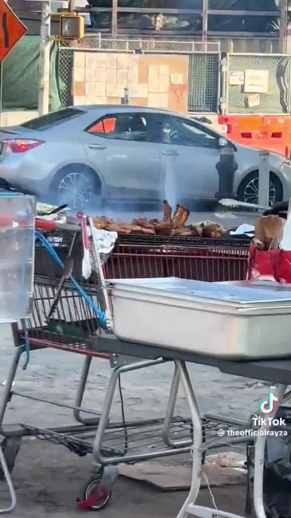 Mmm… nothing says 5-star dining like BBQ off a shopping cart.   You eating or nah?