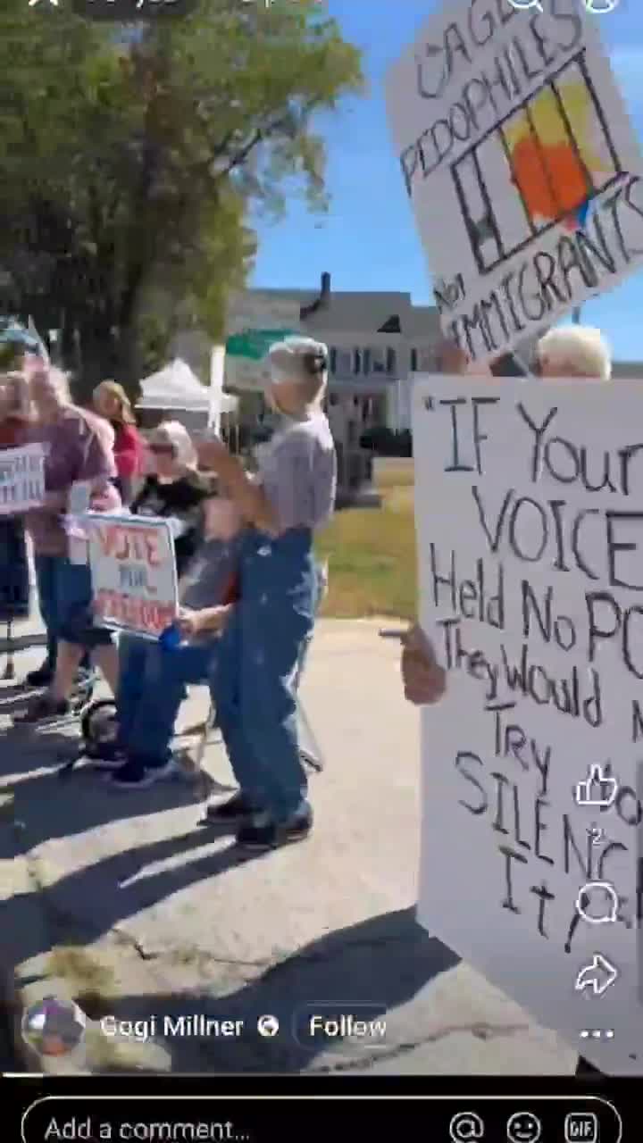 Democrat protestors in Wolfeboro, NH, are cheering along to a song that says 