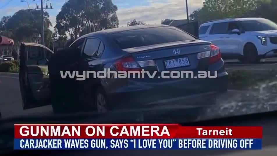 A 48-year-old Hoppers Crossing man in a suit pulled a gun at Tarneit traffic lights, then shouted “I love you and god bless” before stealing car