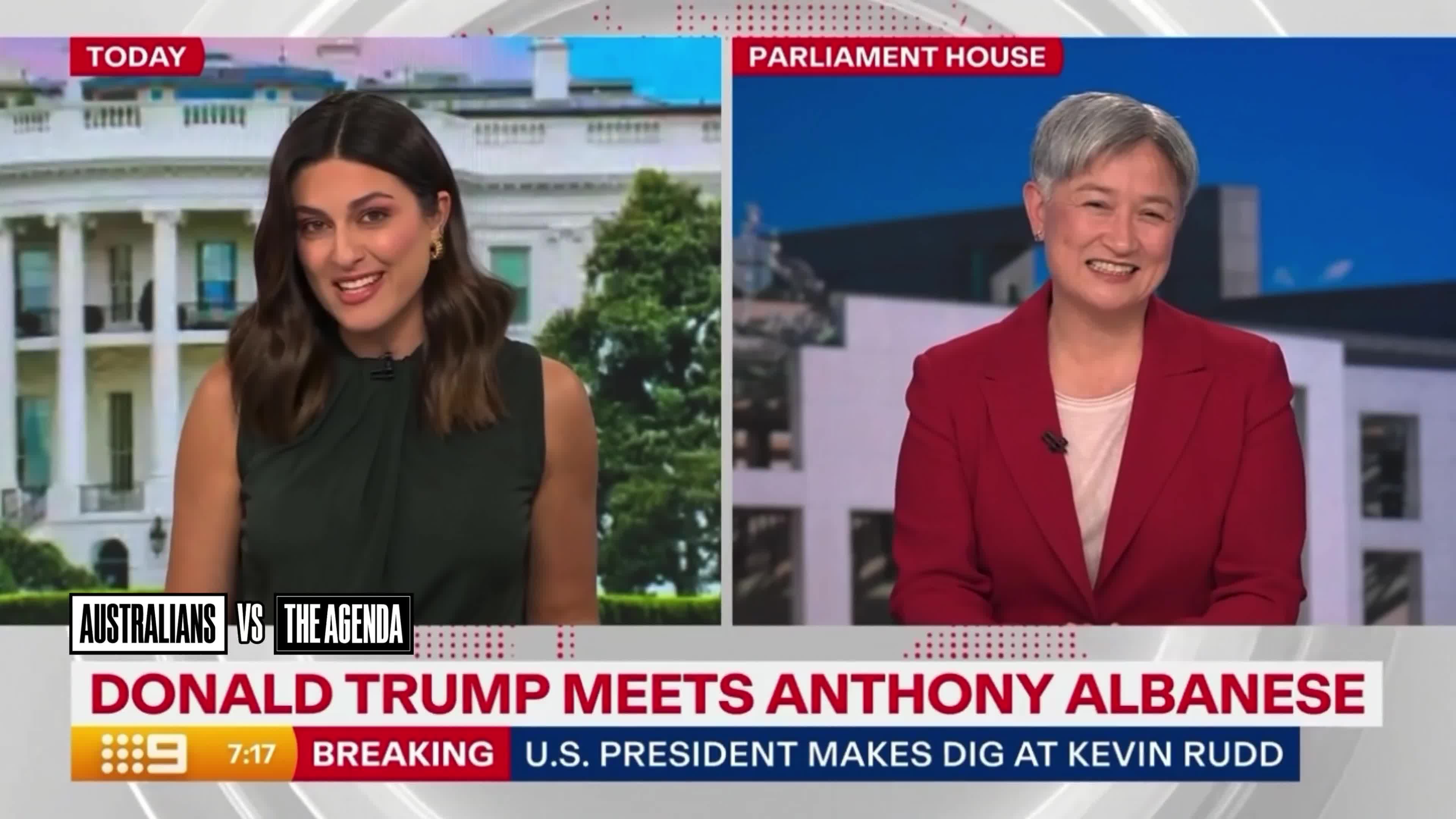 Foreign Minister Penny Wong says President Trump’s takedown of Kevin Rudd was “tongue in cheek,” adding that the Ambassador actually played a key role in the success of the meeting wit...