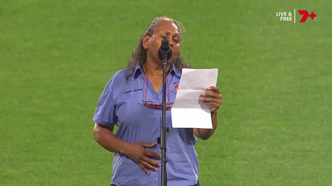 Professional aboriginal performing a "welcome to country" humiliation ritual at an AFLW game starts ranting about "systemic racism" and promotes her own business.