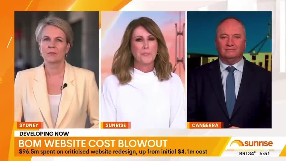 Sunrise host Nat Barr discussed the new BOM website’s cost blowout with Labor minister Tanya Plibersek and Nationals MP Barnaby Joyce  How exactly does an unjustifiable $79.8 million blowo...
