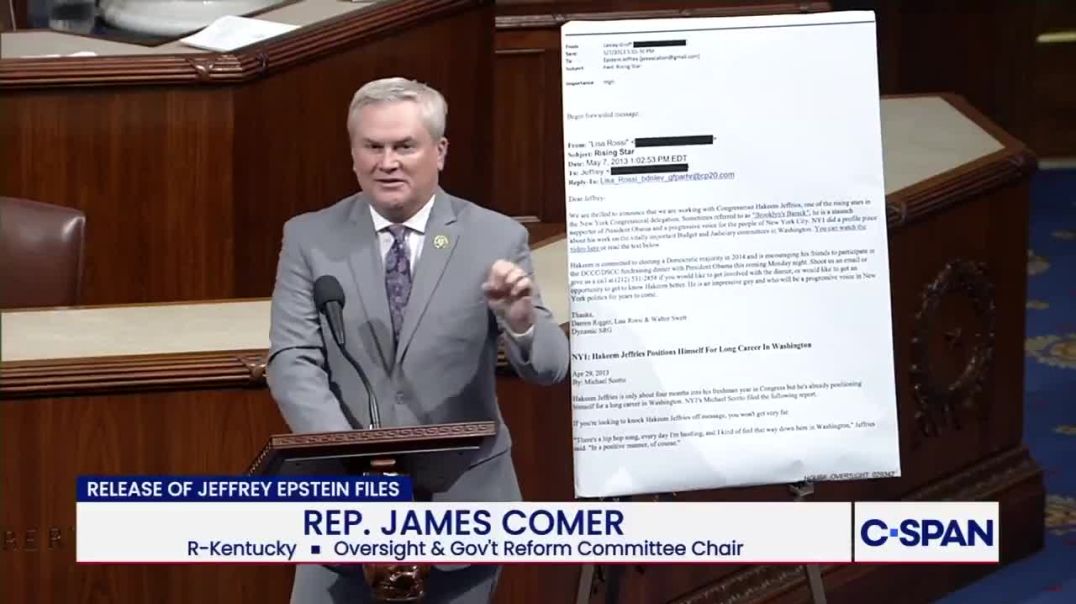Rep. James Comer reads the Epstein email of Hakeem Jeffries' Campaign team BEGGING Epstein for money.  If this were Trump team begging for money from Epstein, it’s be nationwide news 24/7/365