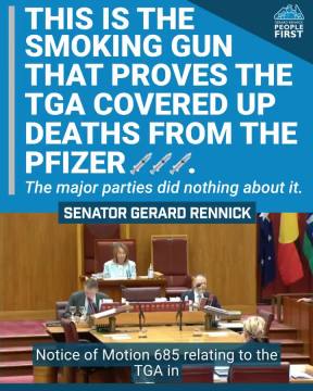 THIS IS THE SMOKING GUN THAT PROVES THE TGA COVERED UP DEATHS FROM THE PFIZER VACCINE 💉💉💉 👿 💀 😵   The major parties did nothing about it.  SENATOR GERARD RENNICK  @RennickGBR   Thank you Senator however sadly it seems your efforts are in vain ... the vaccine is still being
