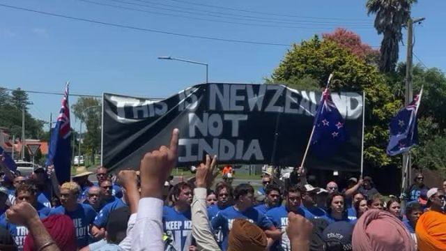 Christian group True Patriots of NZ have blocked a Sikh parade in Tauranga by performing a haka and holding a banner saying: "This is New Zealand, not India."