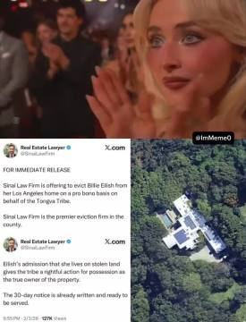 🚨BREAKING: Sinai Law, the leading eviction firm in Los Angeles County, is now providing pro bono services to the Tongva Tribe to remove Billie Eilish from her $14 million LA home, claiming that her admission of living on stolen land gives the tribe a legal right to the property.